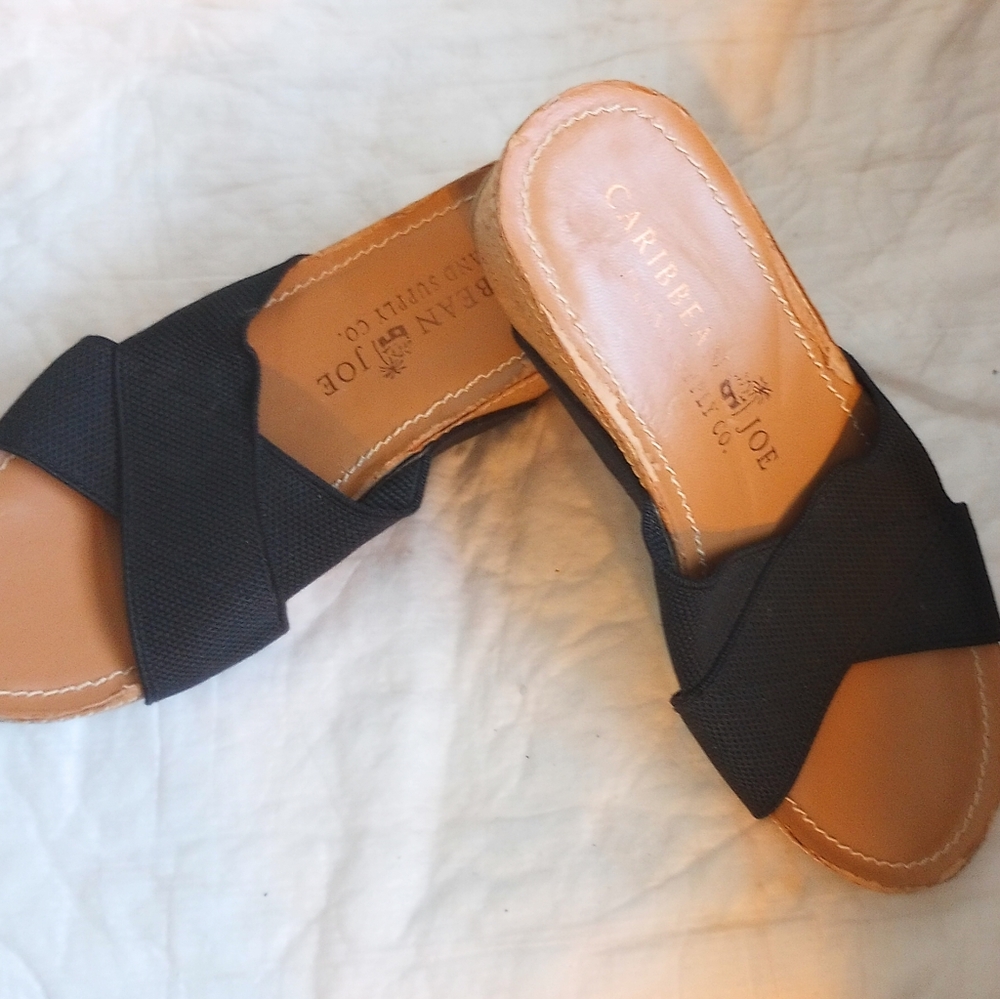 Caribbean Joe Island Supply Co Women's Cork Wedge Sandals Black/Tan Size 7